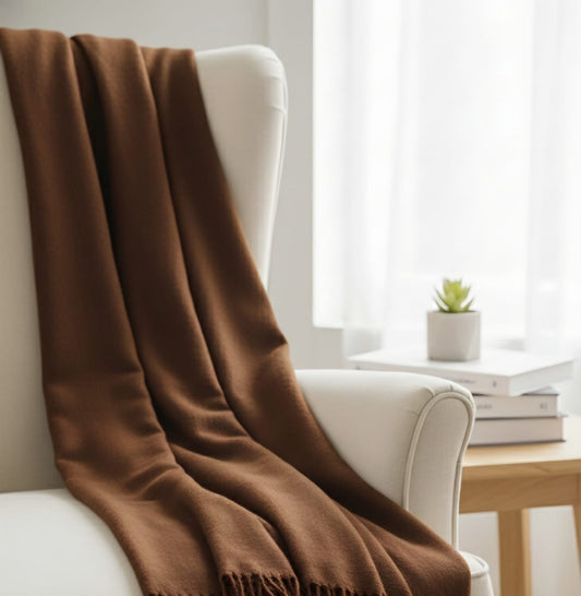 Brown blanket draped over a white chair in a bright room with a plant on a table.