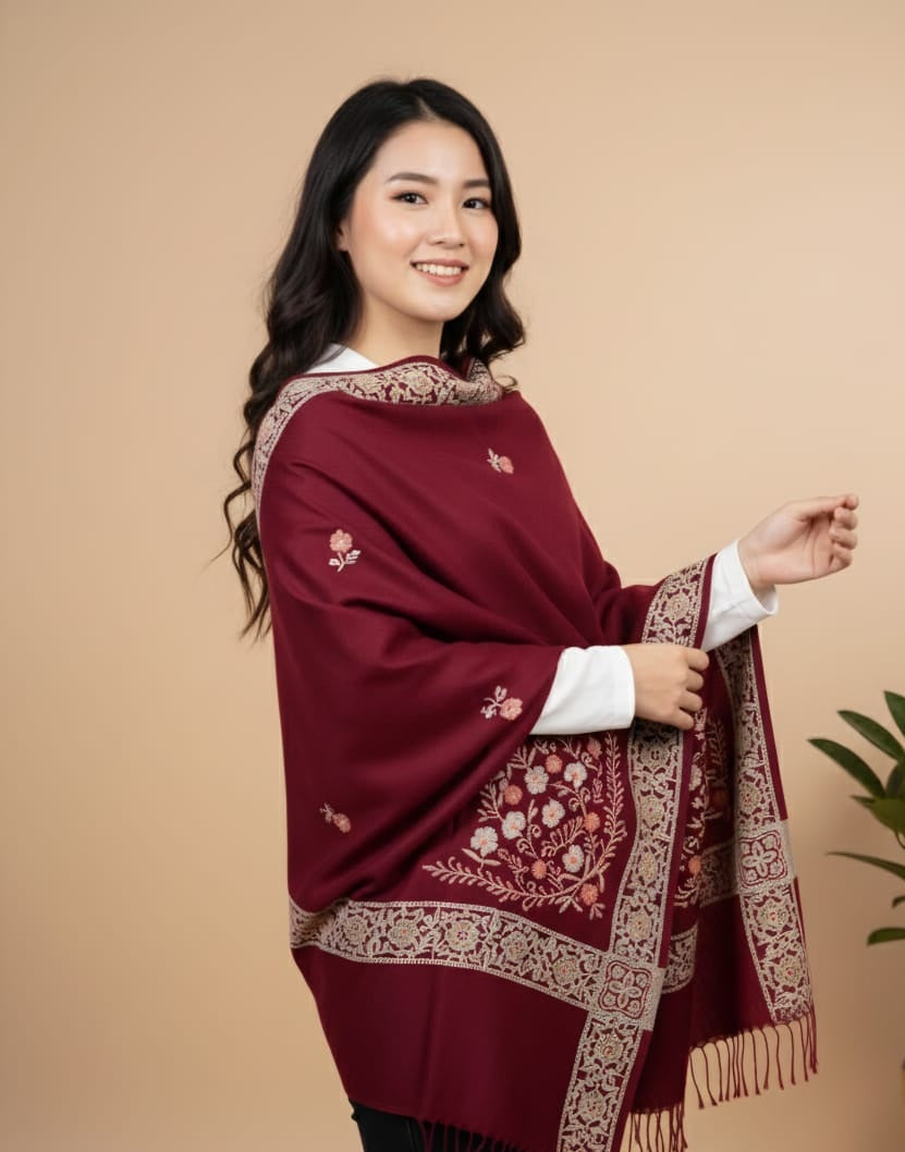 Luxury Acrylic Shawl: Embroidered Design with Tonal Strip Edge