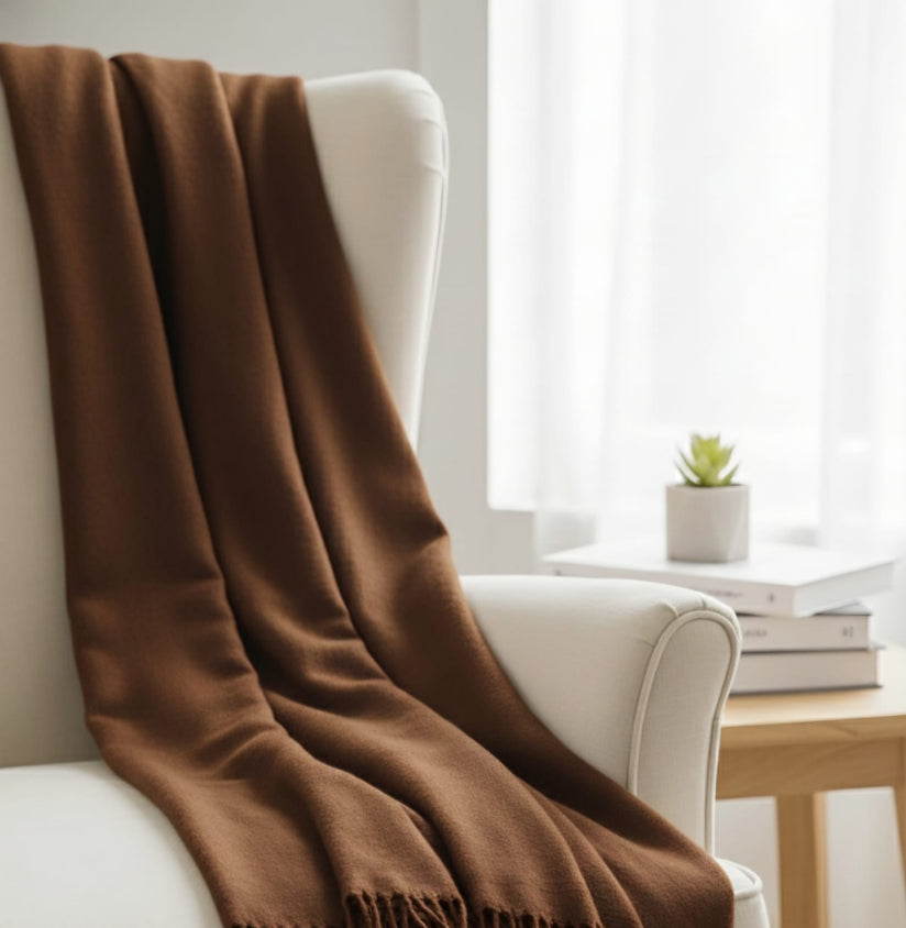 Brown blanket draped over a white chair in a bright room with a plant on a table.
