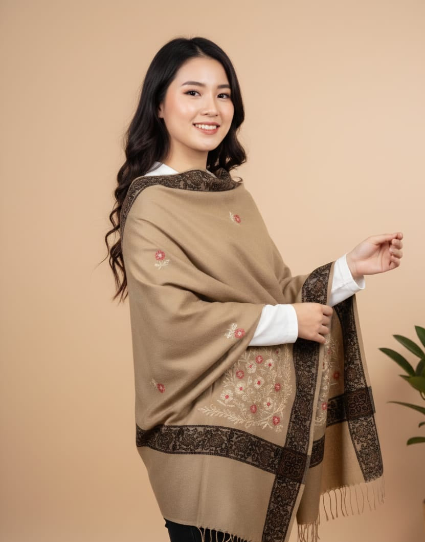 Luxury Acrylic Shawl: Embroidered Design with Tonal Strip Edge
