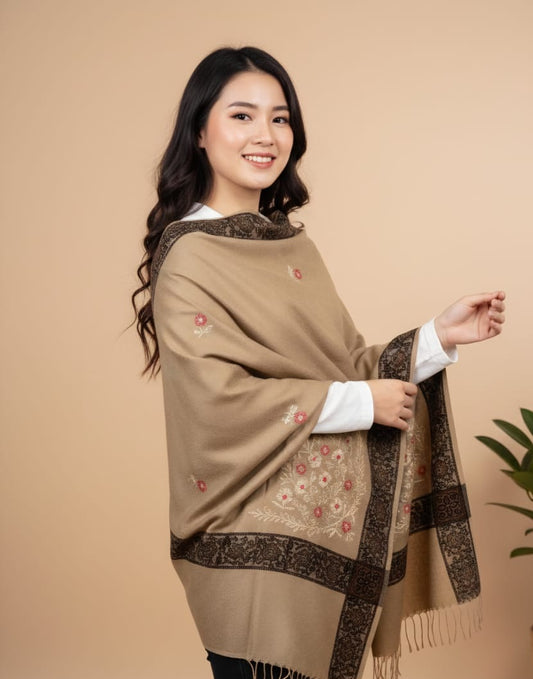 Luxury Acrylic Shawl: Embroidered Design with Tonal Strip Edge