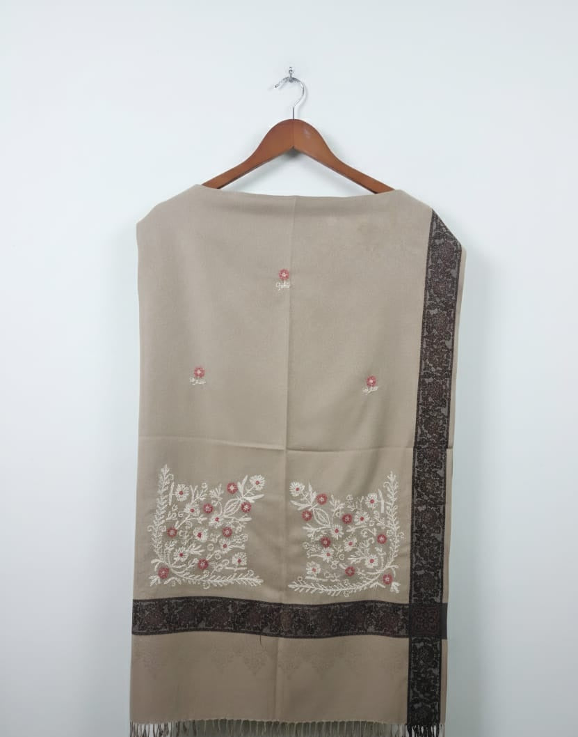 Luxury Acrylic Shawl: Embroidered Design with Tonal Strip Edge