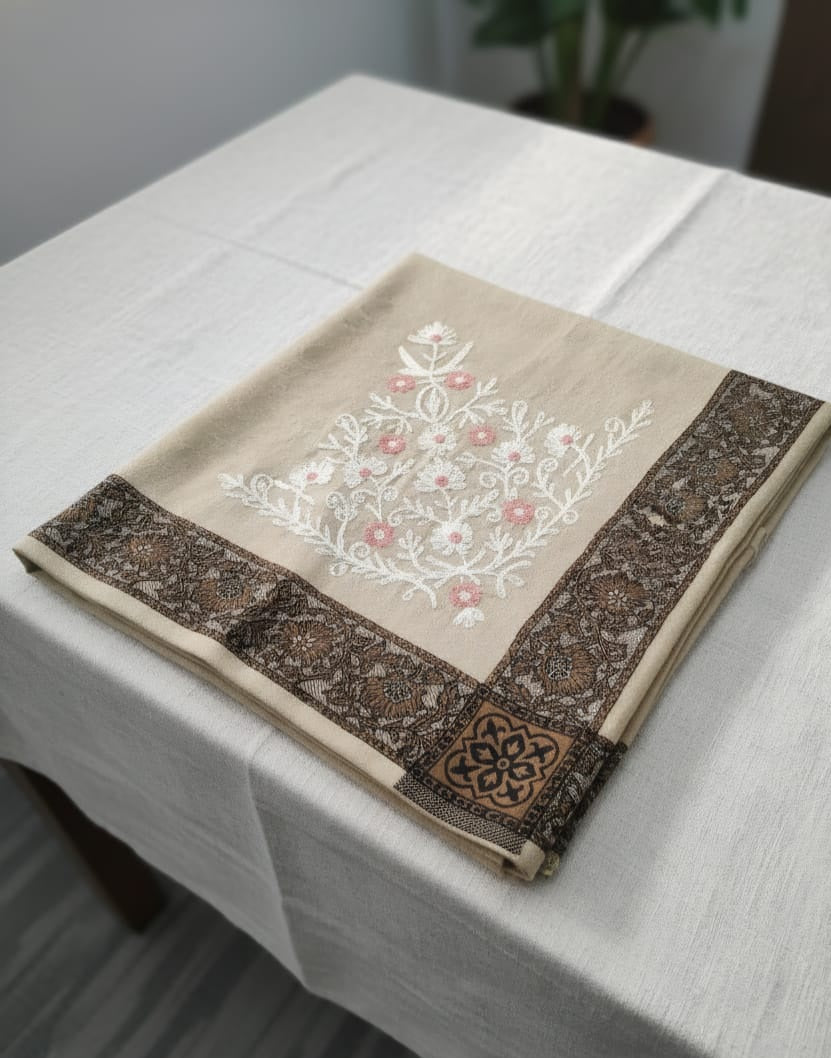 Luxury Acrylic Shawl: Embroidered Design with Tonal Strip Edge