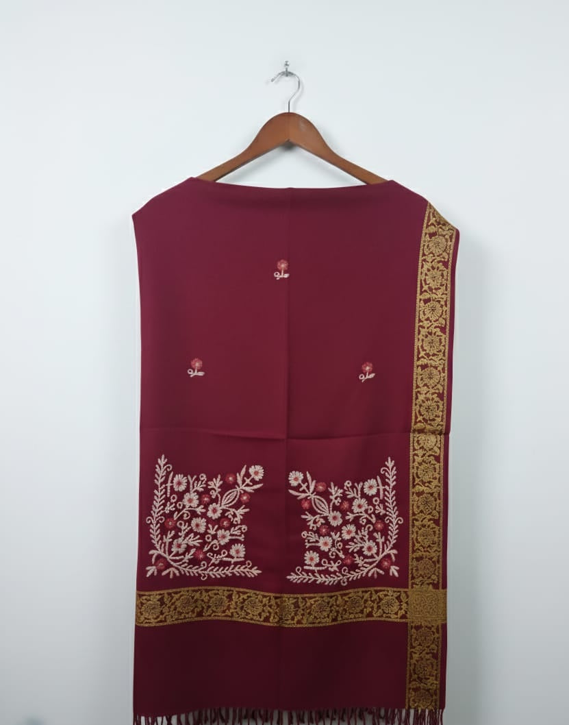 Luxury Acrylic Shawl: Embroidered Design with Tonal Strip Edge