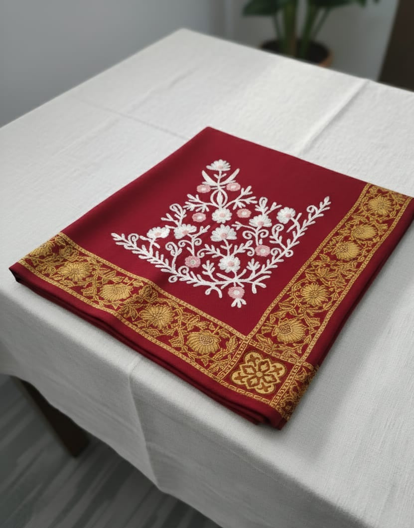 Luxury Acrylic Shawl: Embroidered Design with Tonal Strip Edge