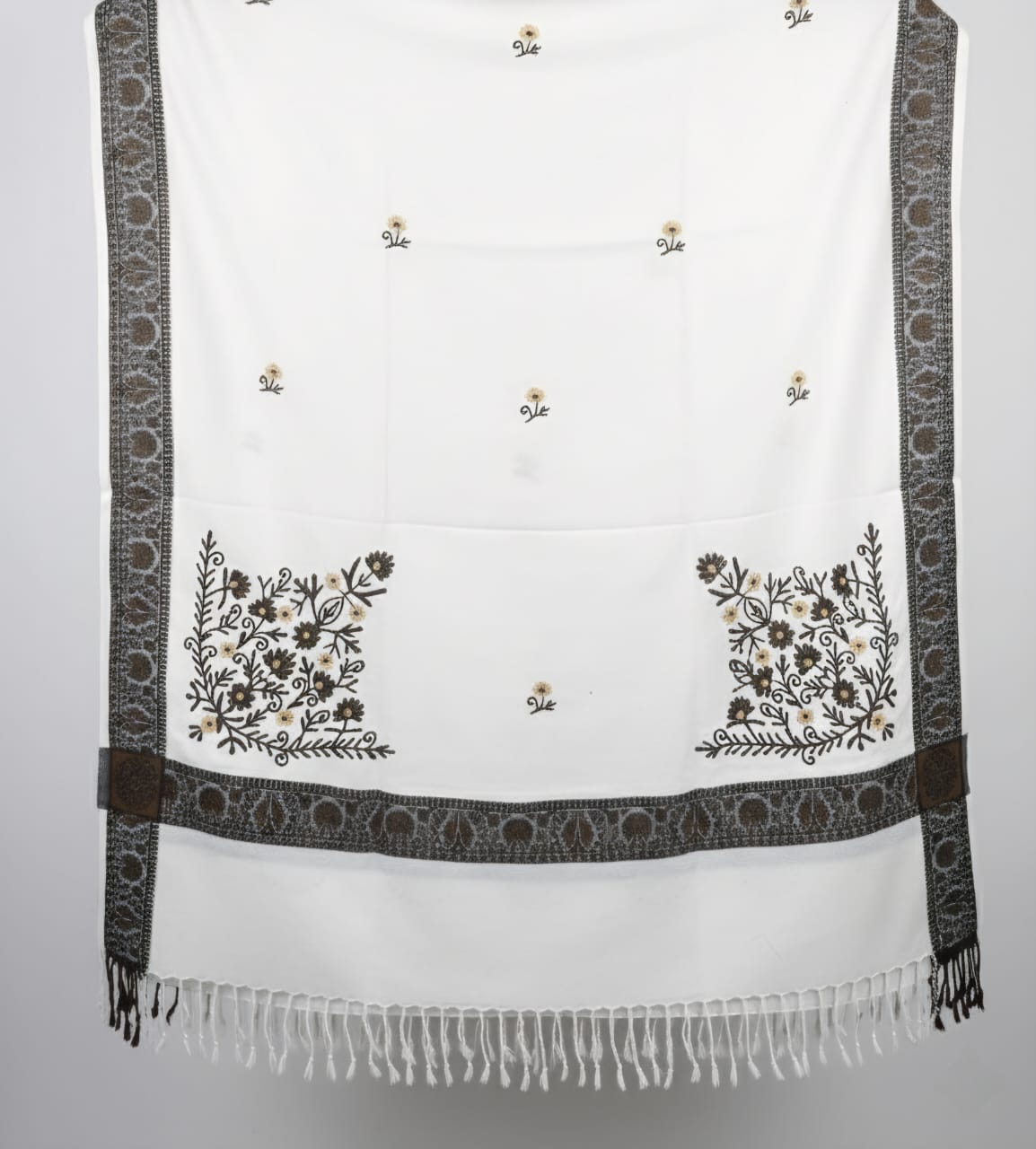 Luxury Acrylic Shawl: Embroidered Design with Tonal Strip Edge