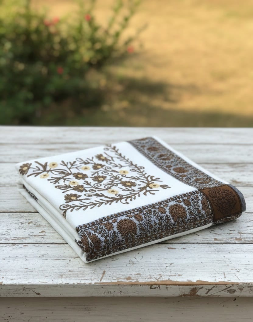 Luxury Acrylic Shawl: Embroidered Design with Tonal Strip Edge