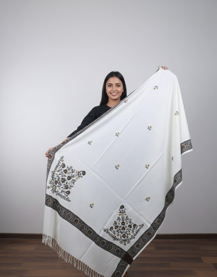 Luxury Acrylic Shawl: Embroidered Design with Tonal Strip Edge