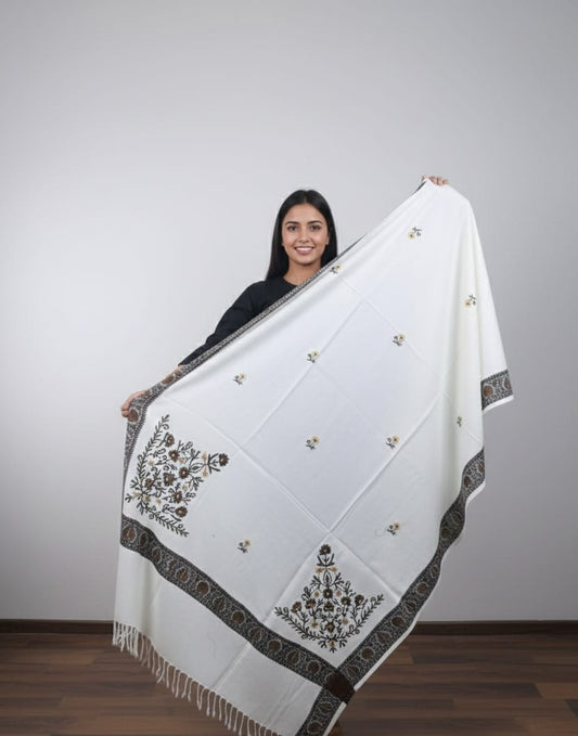 Luxury Acrylic Shawl: Embroidered Design with Tonal Strip Edge