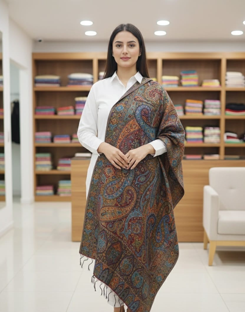 Pure Silk Luxury Stole: Intricately Woven, Thread-Embedded Design