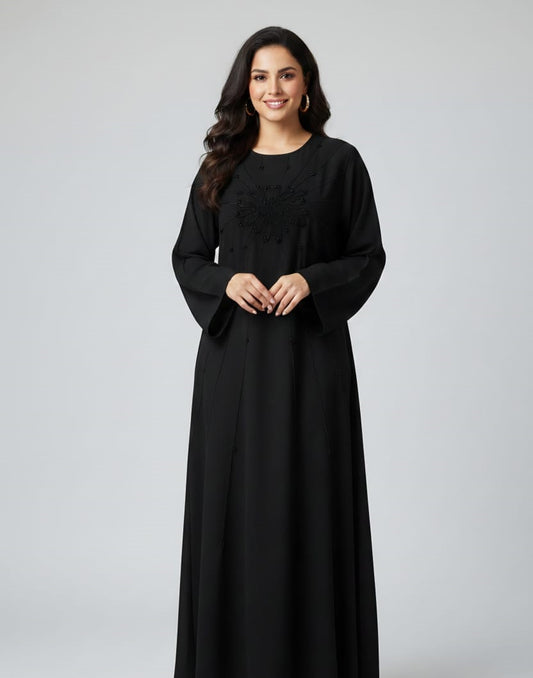 Classic Black Abaya with Detailed Embroidery and Beading
