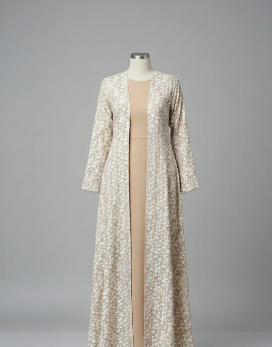 Light Yellow V-Neck Floral Print Button-Down Abaya Dress