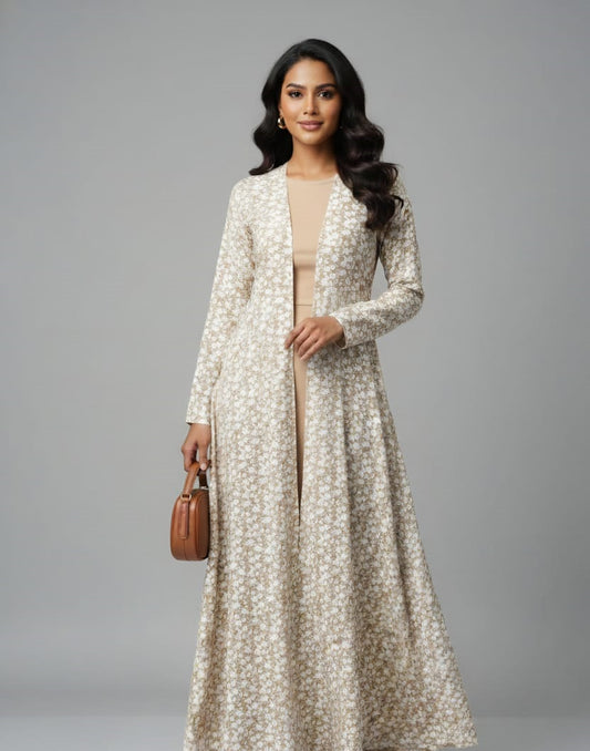 Light Yellow V-Neck Floral Print Button-Down Abaya Dress