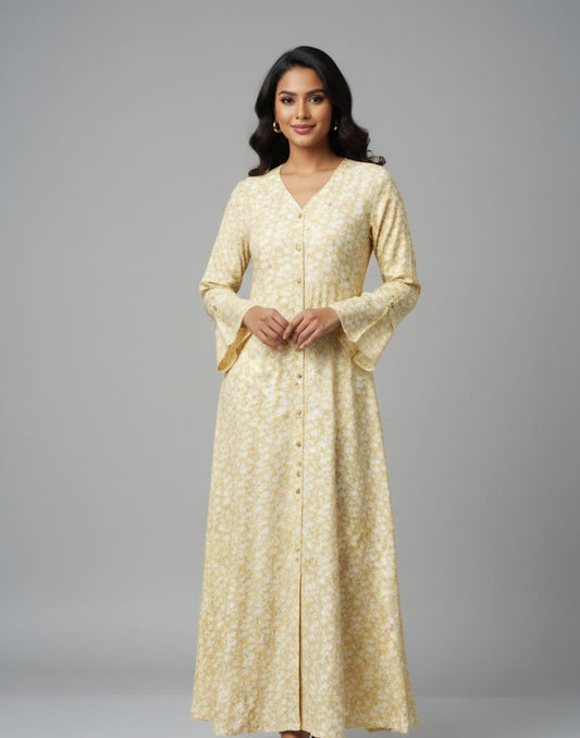 Light Yellow Floral Print Full-Length Button-Down Dress