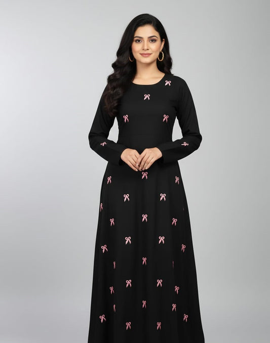 Chic Black Abaya/Dress with Pink Bow Embroidery