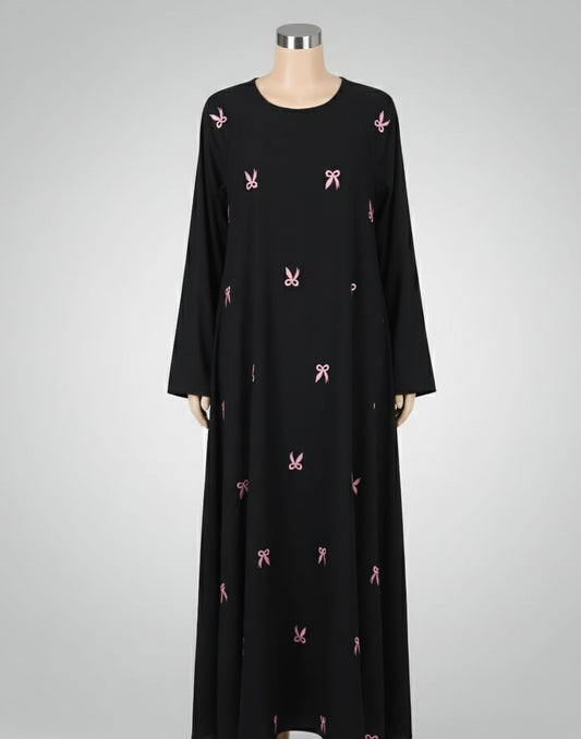 Chic Black Abaya/Dress with Pink Bow Embroidery